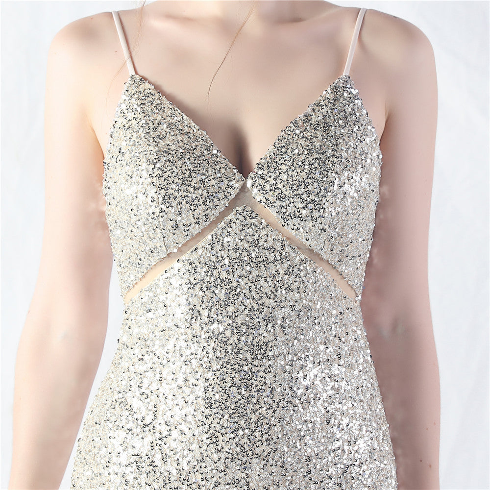 Elegant Strap V-Neck Sequined Evening Dress 34