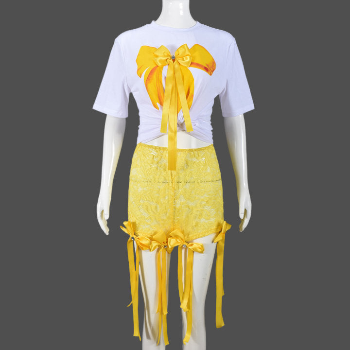 Sexy Bow Short Sleeve Top Lace Trend Shorts Women Two Piece Set 12