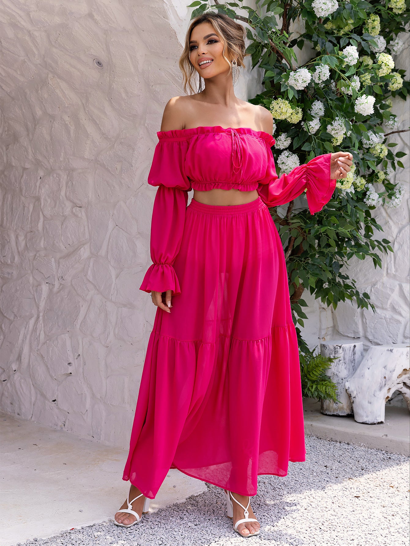 Women Solid Sexy Long Sleeve Off Shoulder Top and Skirt Two Piece Set 5