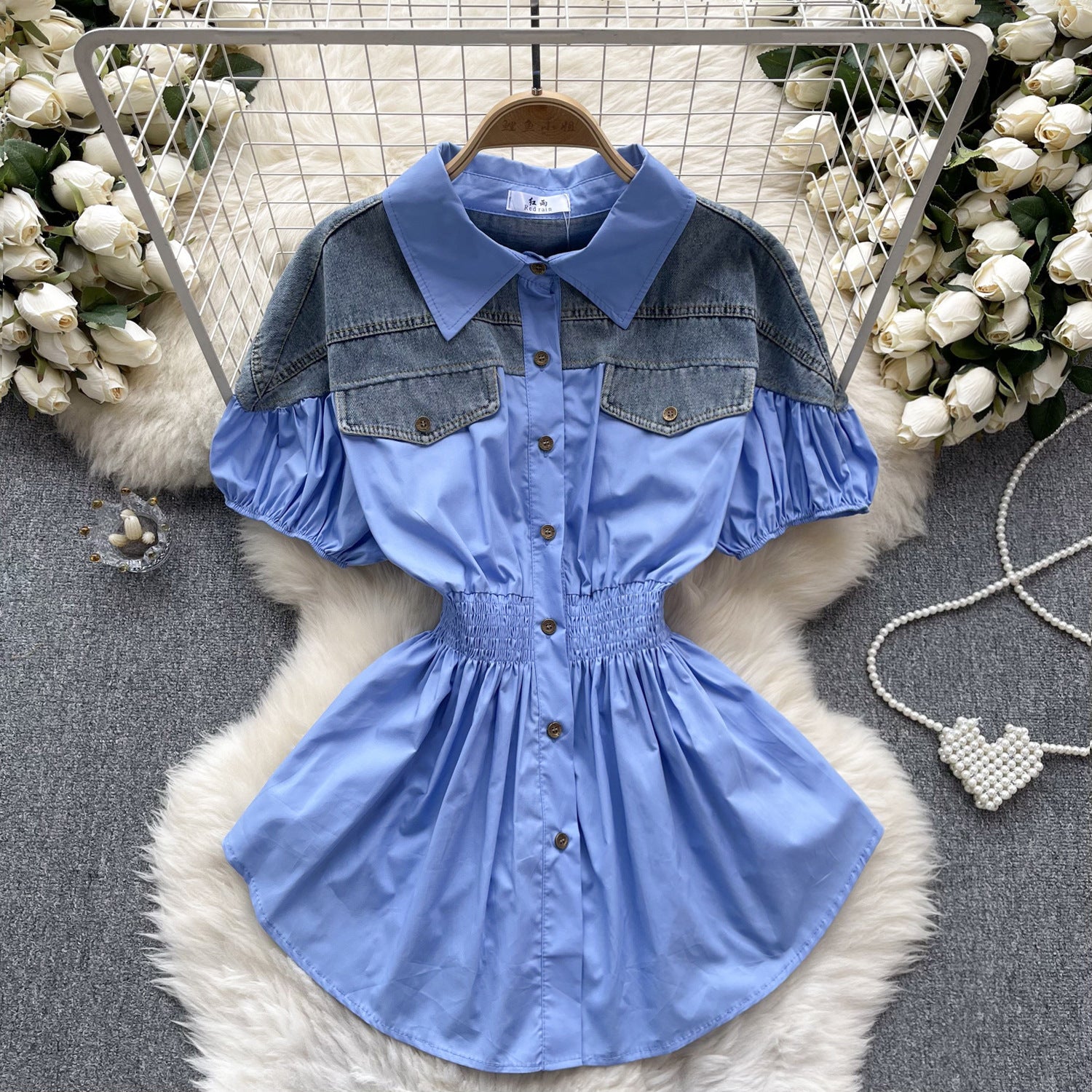 Women Contrast Patchwork Puff Sleeve Stretch Shirt 7