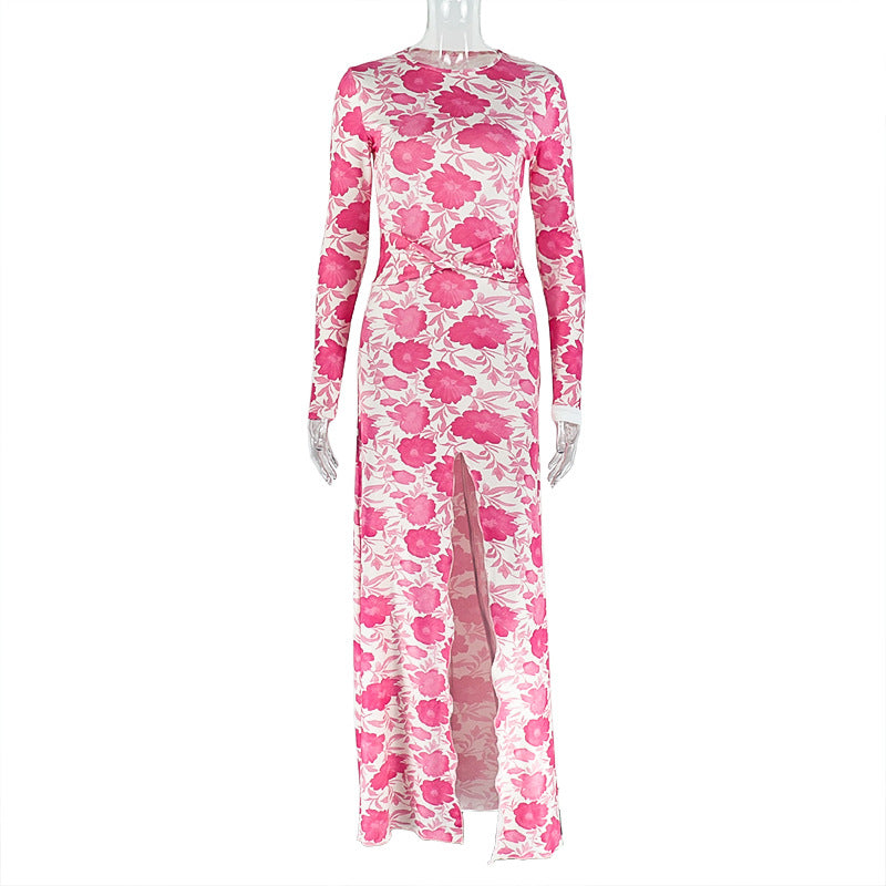 Women's Floral Print Slim Waist Side Split Long Sleeve Long Dress 6