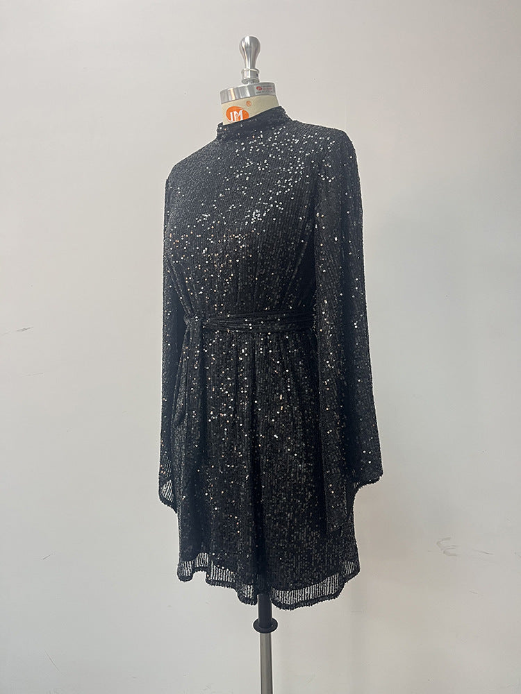 Women Turtleneck Bell Bottom Sleeve Sequined Black Cocktail Dress 9