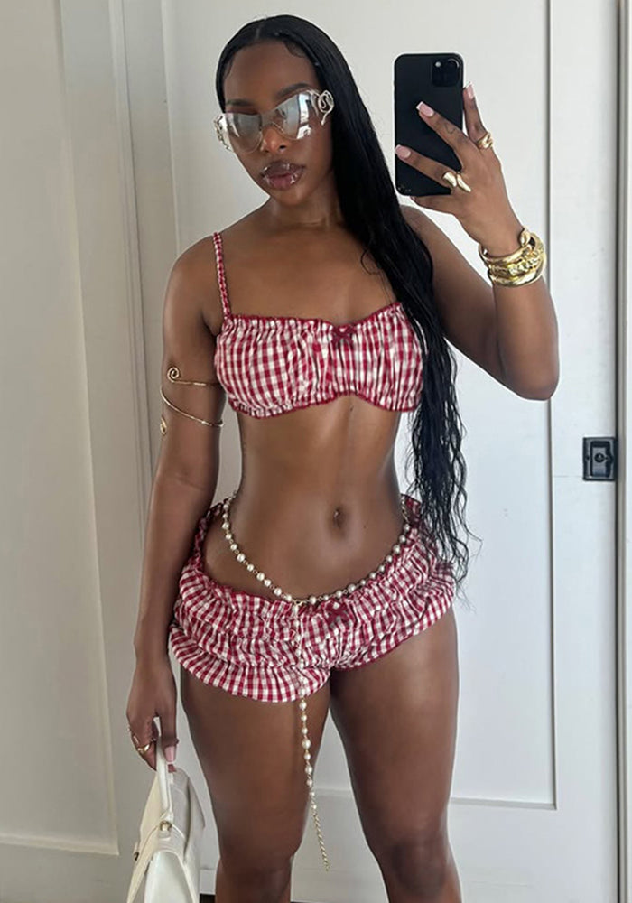 Women Summer Holidays Plaid Suspender Top Shorts Swimwear  Two-piece Set