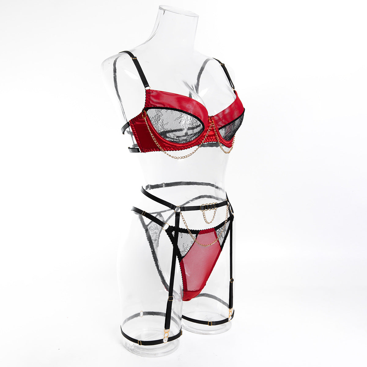 Women Lace Mesh Contrast Chain See-Through Bra and Lingerie Two-Piece Set 9