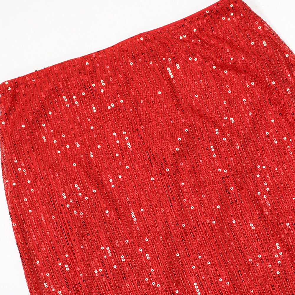 Fashionable Round Neck Mesh sequined long-sleeved top high slit skirt two-piece set for women 23