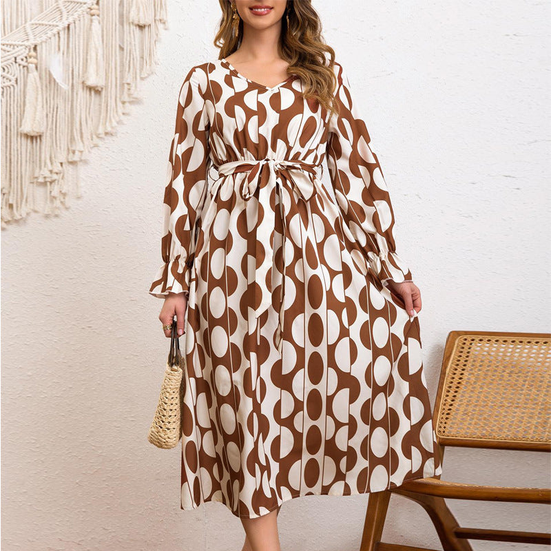 Women Holidays Geometric Print Lace-up Lotus Sleeve Long Sleeve Dress 6