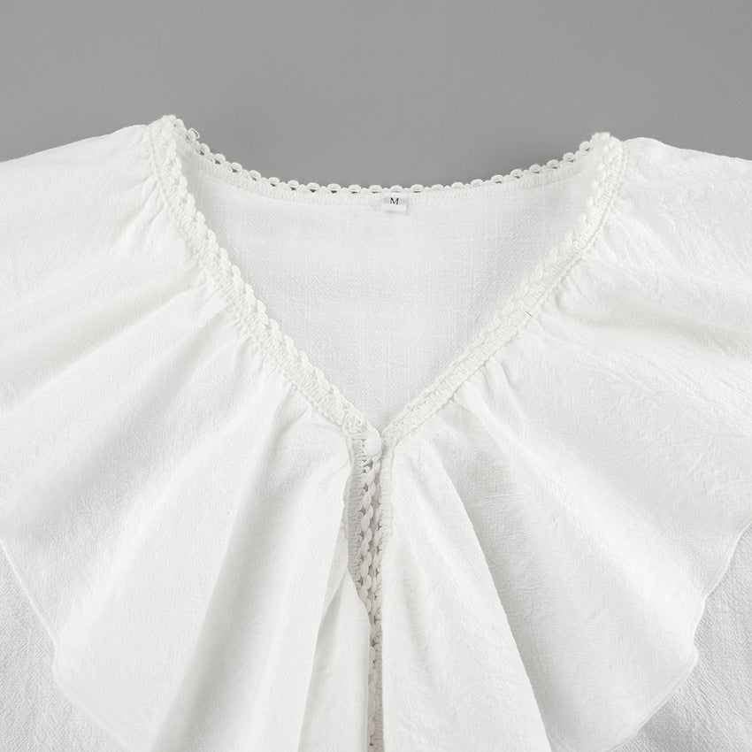 Women Lace Sexy V-Neck Retro Ruffle Shirt 11