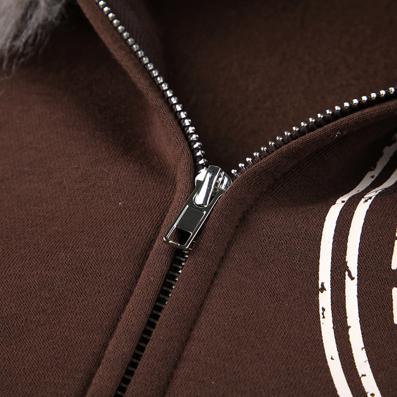 Winter Plush Hooded Badge Print Retro Jacket Loose Plus Size Casual Zipper Hoodies 16