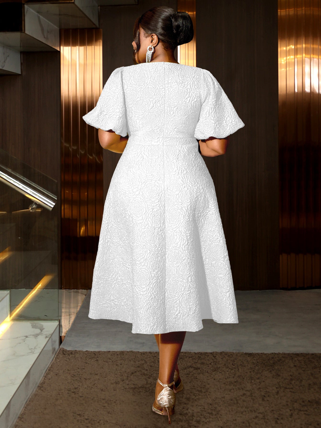 Flower Jacquard Round Neck Career A-line Dress 7