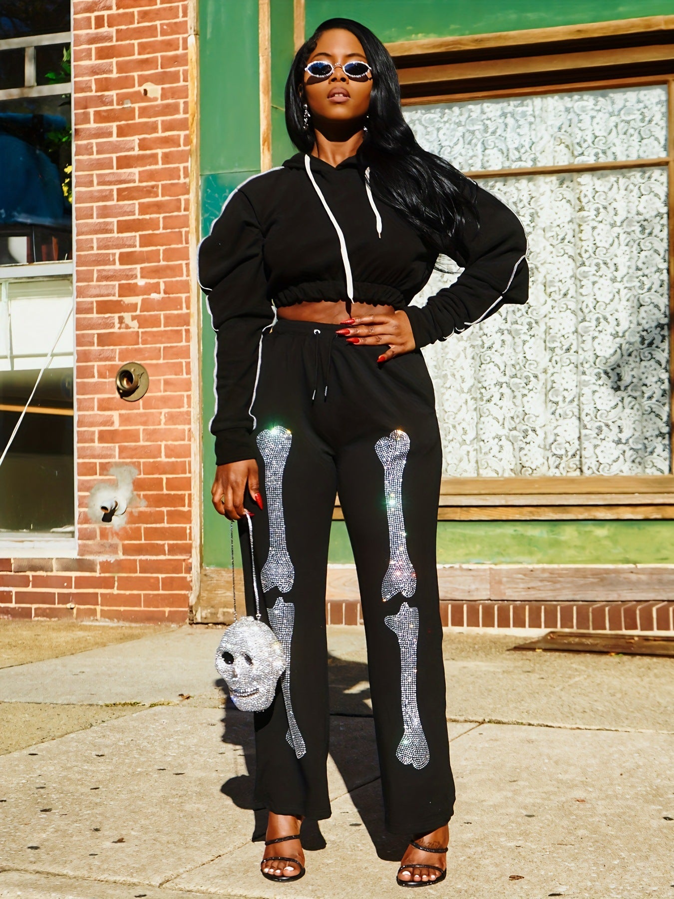 Women Casual Hoodies Beaded Two Piece Set of Trousers 3