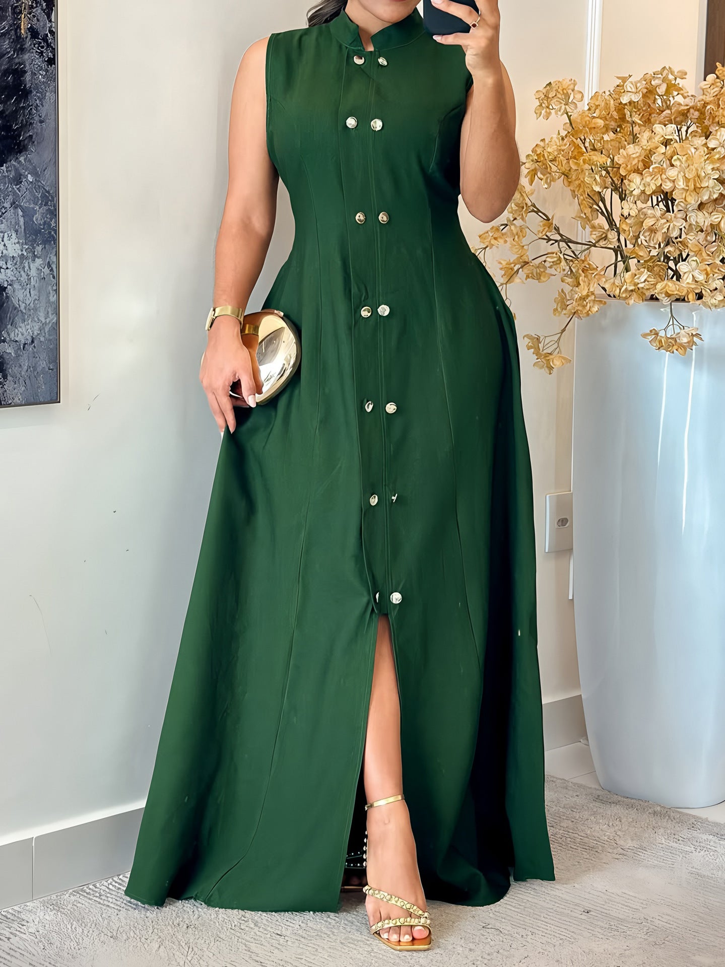 Women's Casual Chic Sleeveless Button-Down Slim Waist A-Line Maxi Dress 3