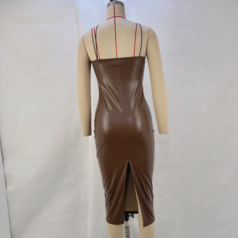Women sexy Strap v-neck slit pu Leather Midi Dress 11