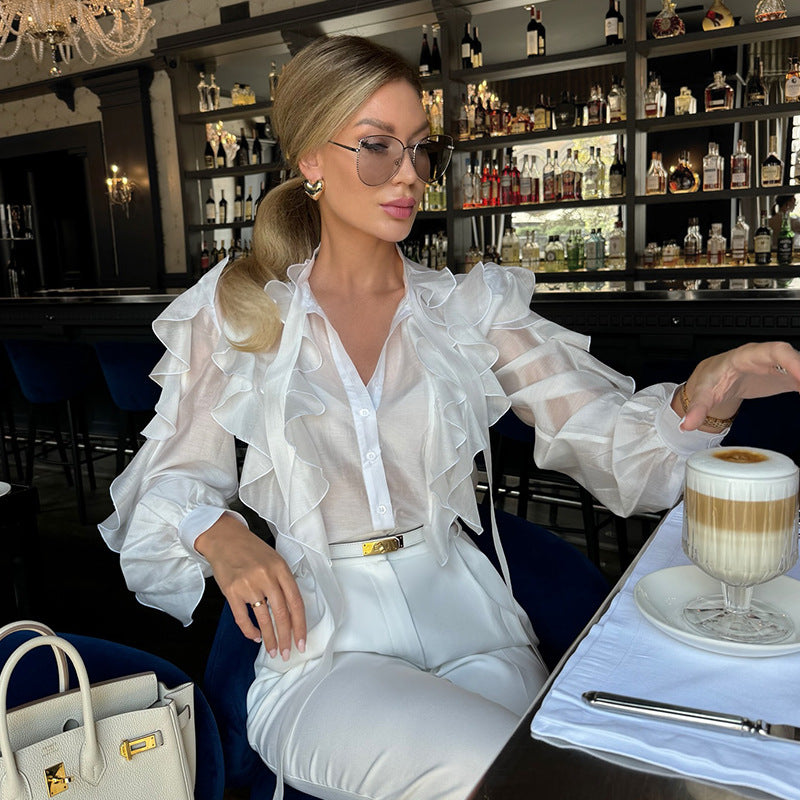 Women Fall Elegant Stand Collar Lantern Sleeve Long-sleeved Shirt Top