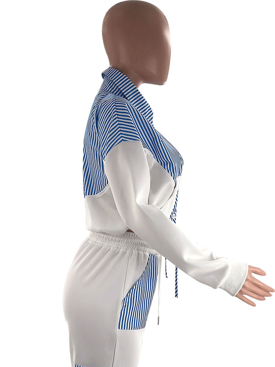 Women Casual striped color-blocked long-sleeved shirt and trousers two-piece set 14