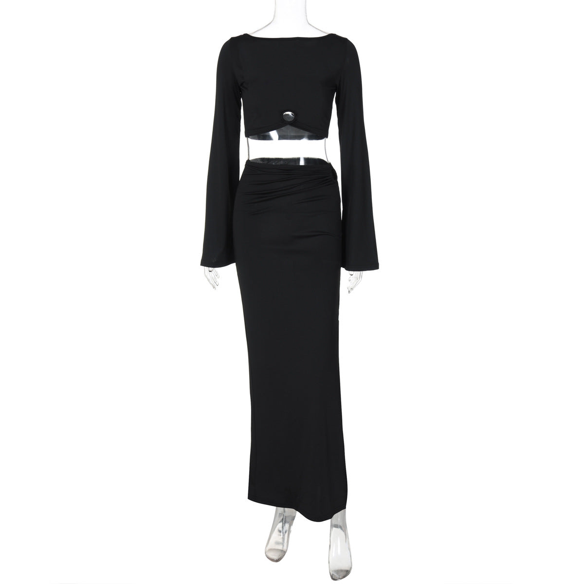 Women Solid Bell Bottom Long Sleeve Slit Top and Long Skirt Two-piece Set 9