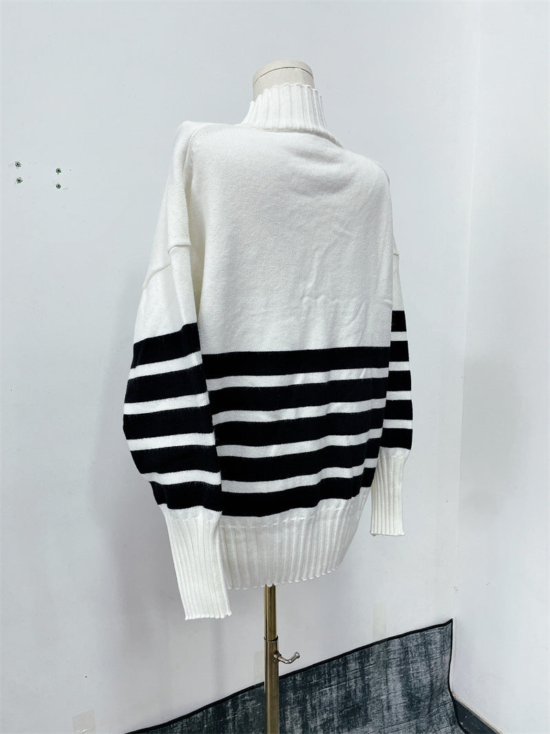 Women autumn and winter black and white striped high collar knitting sweater 12