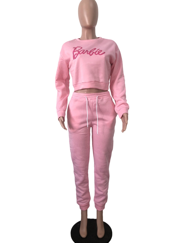 Winter Casual Letter Printed Pink Rouned Neck Long Sleeve Sweatshirt And Sweatpants Two Piece Wholesale Sportswear 3