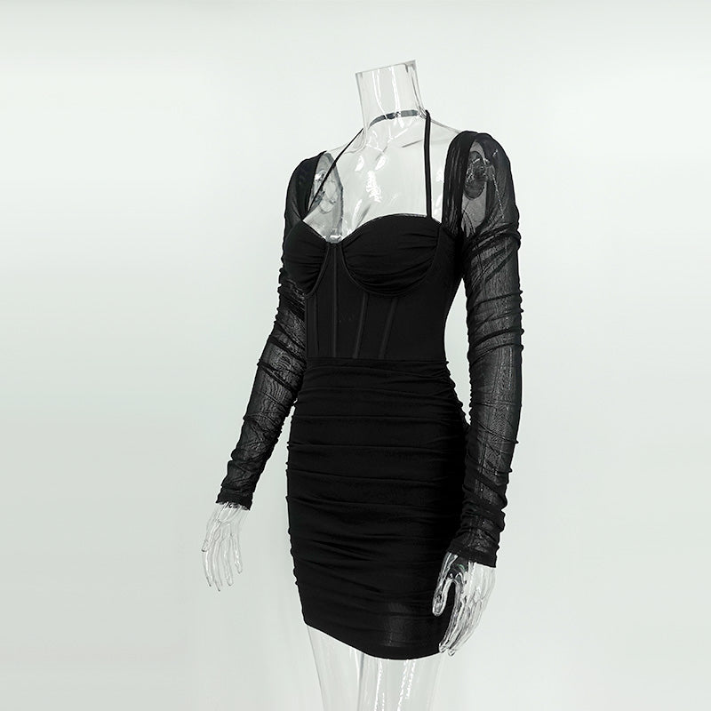 Women's mesh herringbone long sleeve Halter Neck fashion nightclub Bodycon Short dress 5