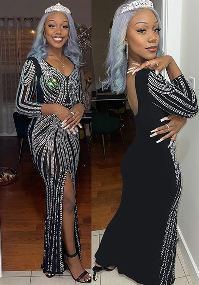 Women Sexy Beaded Bodycon Backless Slit Stretch Maxi Dress