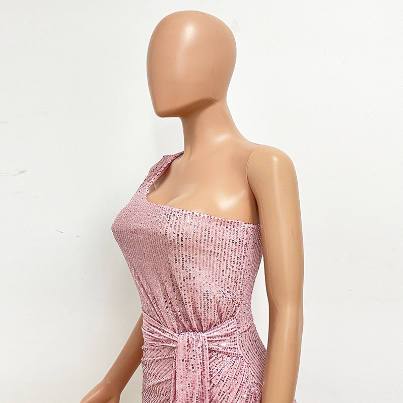 Women's One-Shoulder Lace-Up Sequined Evening Dress 51