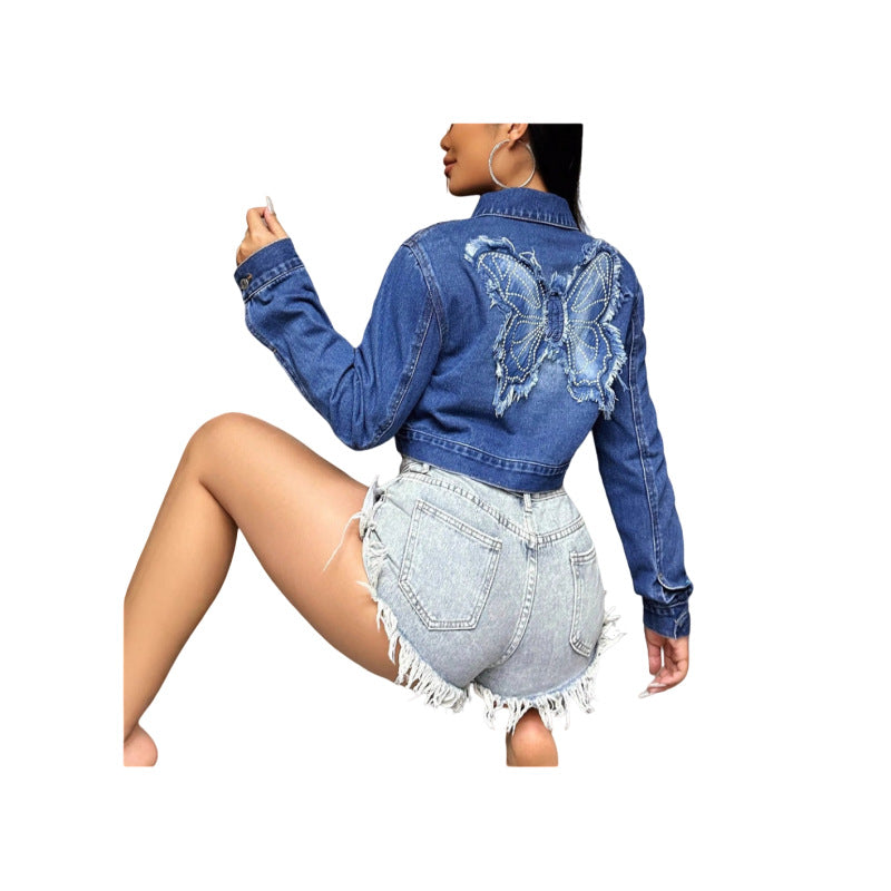 Women Embroidered Butterfly Appliqué Long-Sleeved Denim Embroidered Top 5