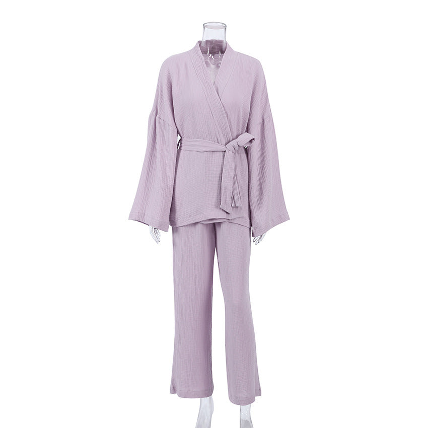 Spring Pajamas Sleepwear Long Sleeve Top Loose Trousers Ladies Solid Color Nightgown Home Absorbent Sweat Steaming Clothes Women 14
