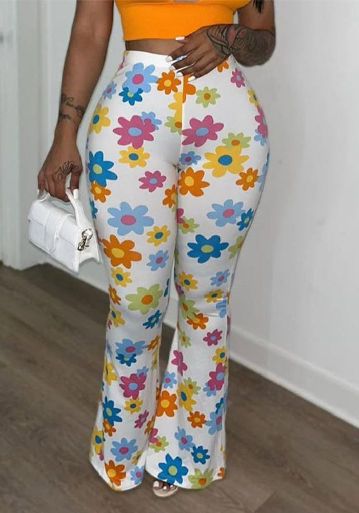 Flower print tight fitting bell bottom pants