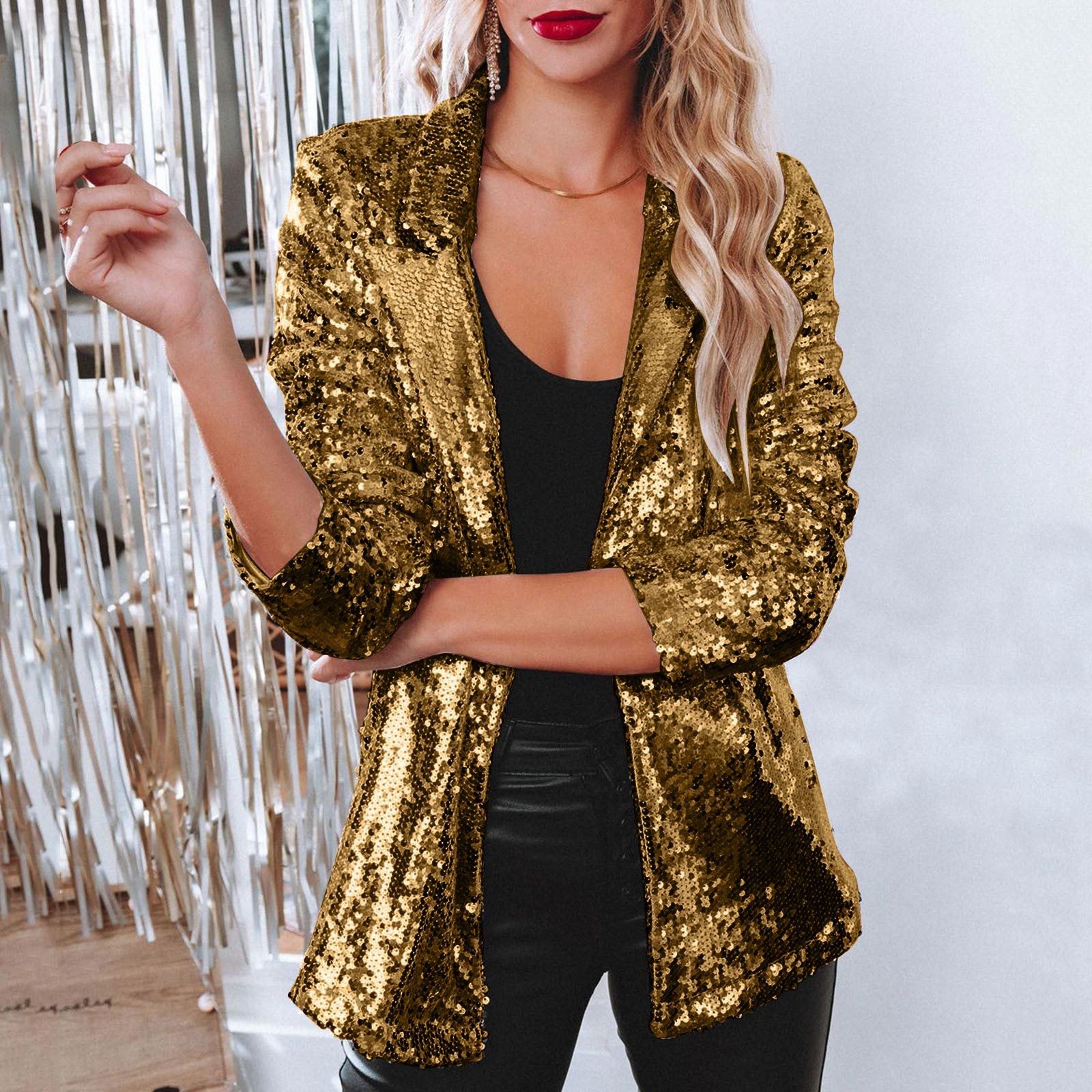 Turndown Collar long-sleeved sequined Casual blazer for women 5