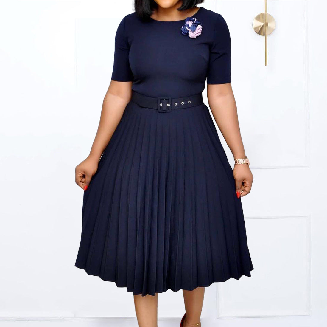 Women's Summer Fashion Round Neck Short Sleeve Solid Color Pleated Elegant Plus Size African Dress 3