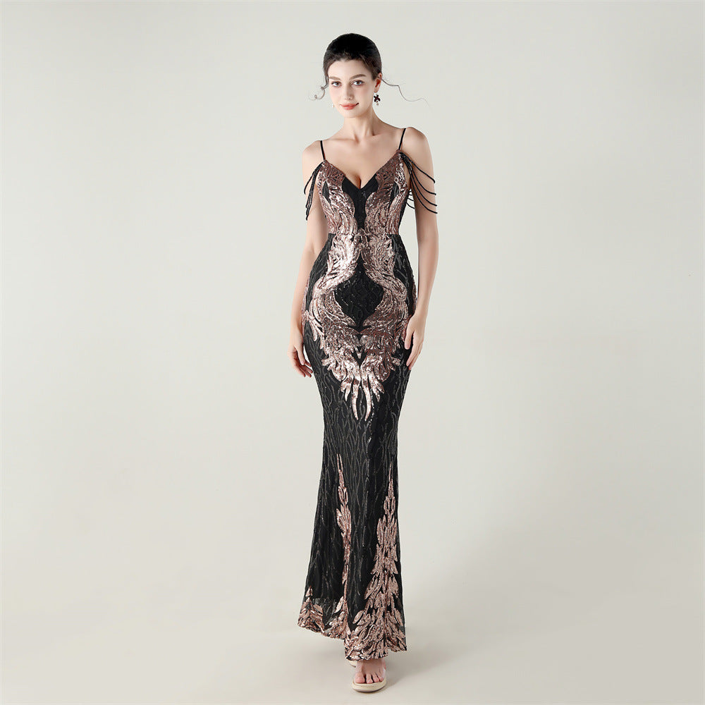 Women dangling beaded chain embroidered sequined V Neck Backless Formal Party evening dress 11