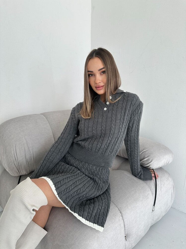 Women Casual long-sleeved knitting button sweater Skirt two-piece suit 5