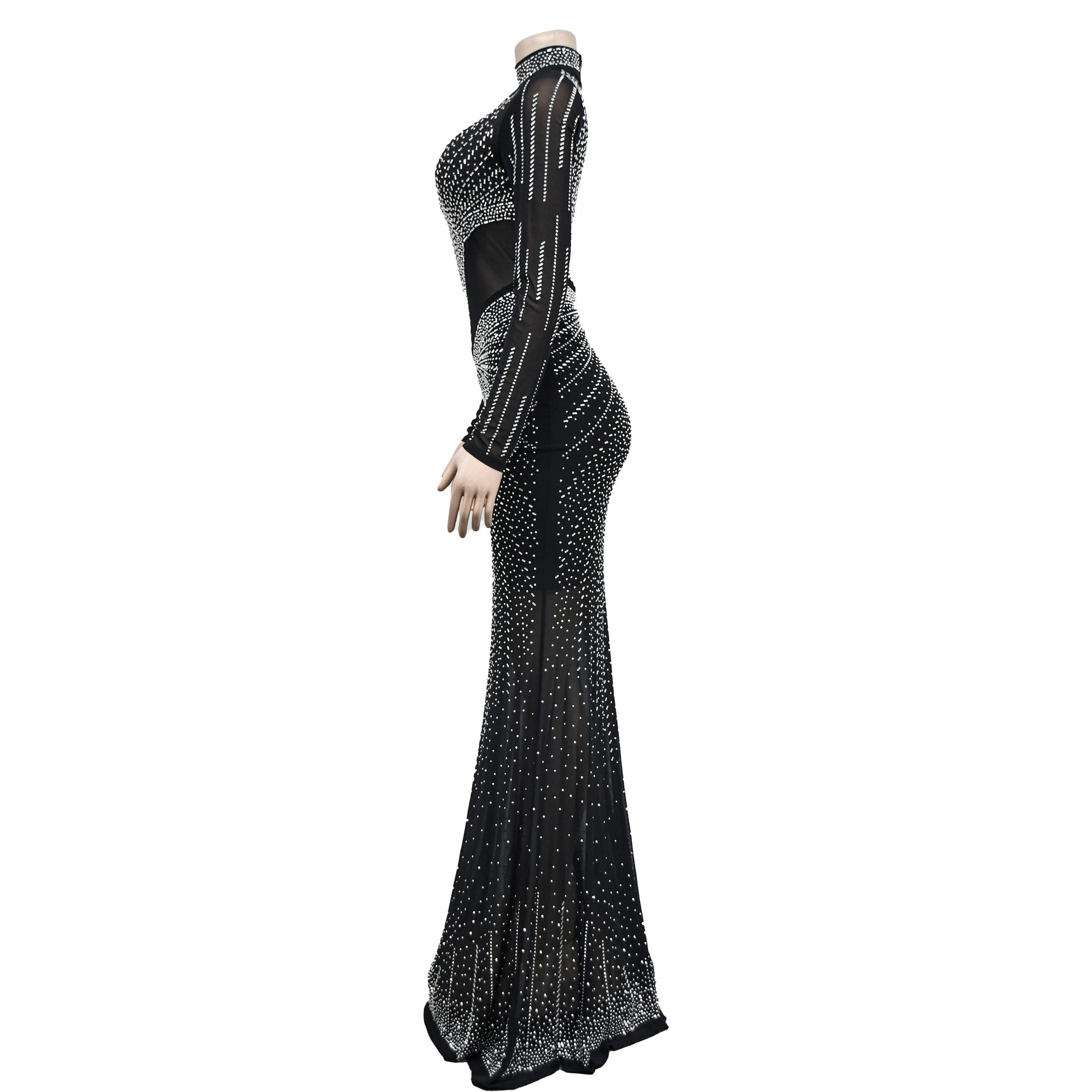 Women's Fashion Solid Color Mesh Beaded Long Sleeve Maxi Dress 18