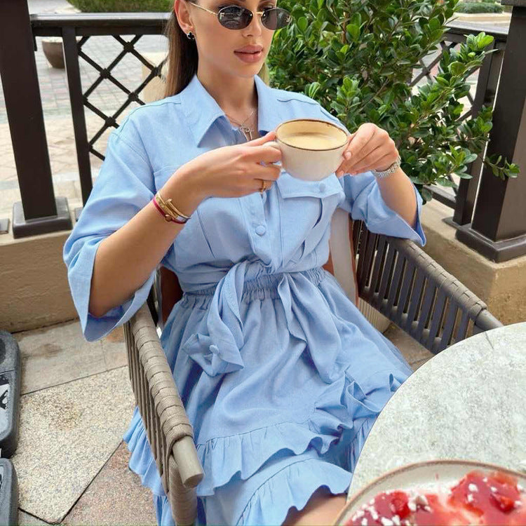 Turndown Collar Short Sleeve Shirt Fashion Ruffled Cake Skirt Two Piece Set 6