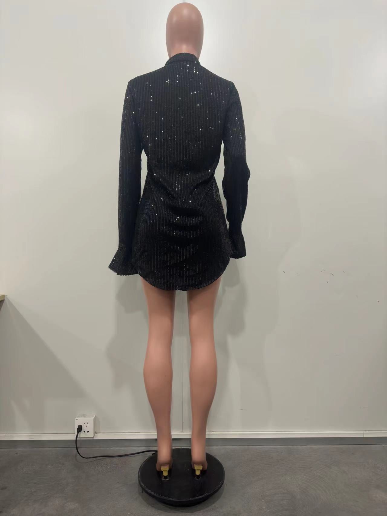 Women's Solid Sequin Loose Long Sleeve Shirt Dress 13