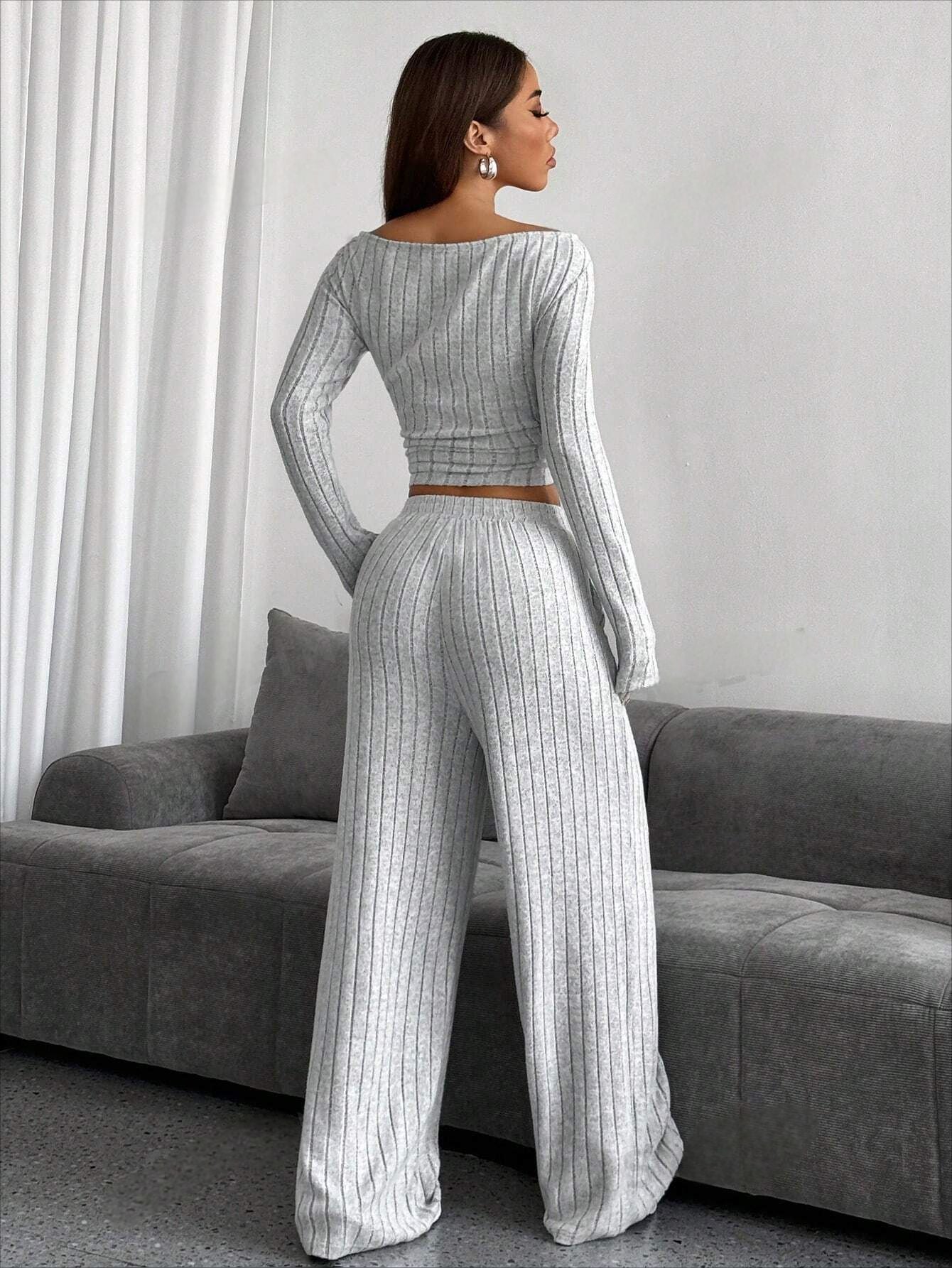 Autumn And Winter Casual Solid Color High Collar Knitting Long Sleeve Top Loose Trousers Two-Piece Set 4