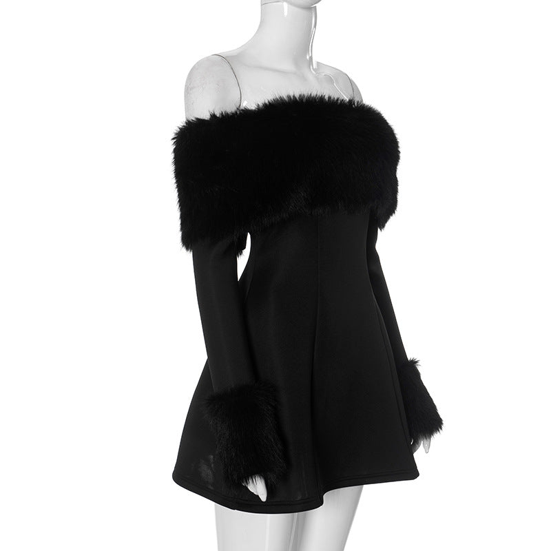 Women Fall Winter Off Shoulder fur collar sexy Dress 7