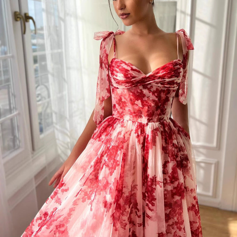 Women sexy rope suspender floral dress 3