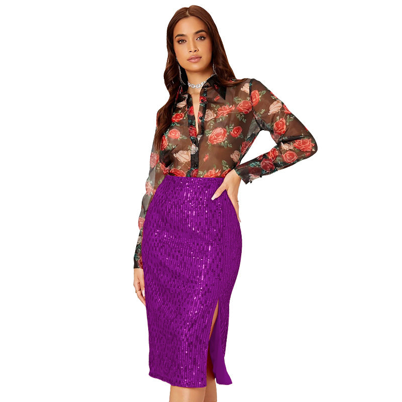 Women Slit Bodycon Sequined Skirt 31