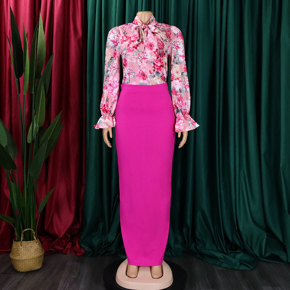 Women Printed Lace-Up Long Sleeve Shirt and Skirt Two-Piece Set 9