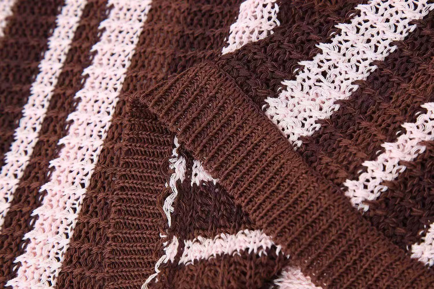 Fashion Striped Turndown Collar Short-Sleeve Top & Shorts Knit Set 19