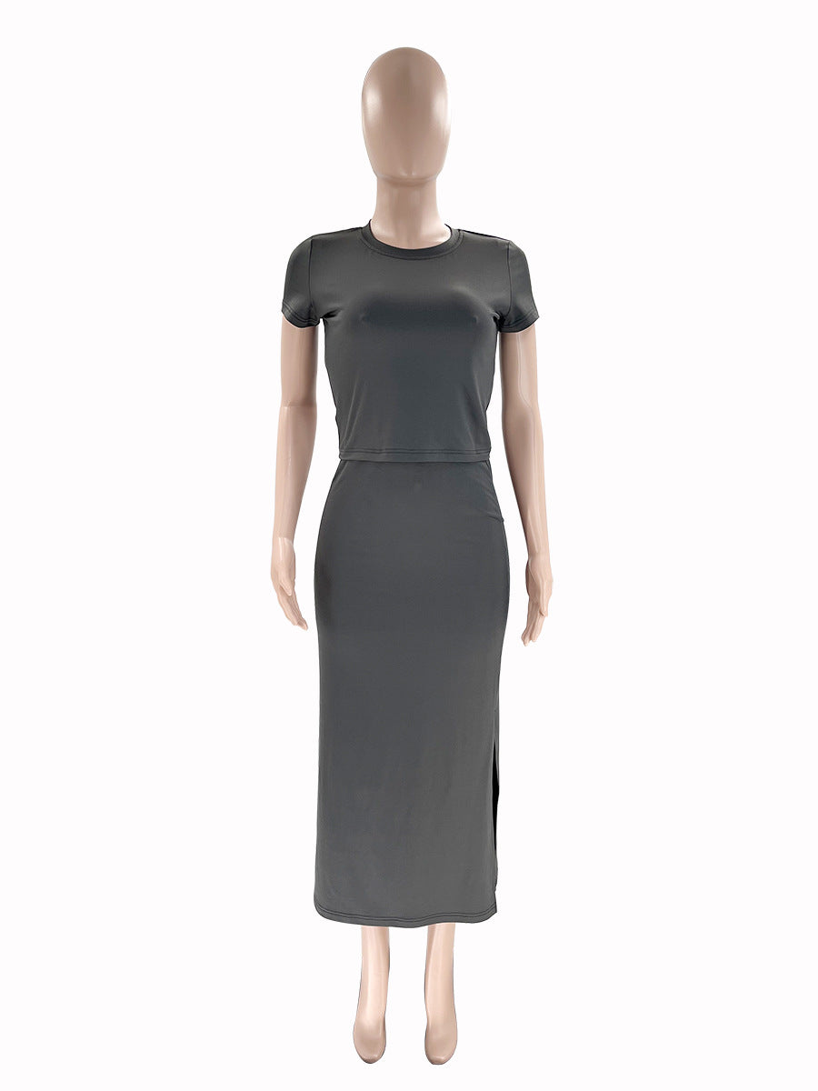 Summer Women's Fashion Casual Solid Color Round Neck Short Sleeve Top Long Skirt Set 12