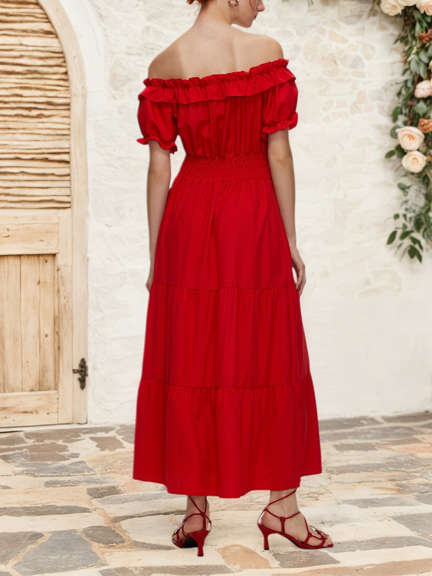 women's off-shoulder ruffle bubble short sleeve lace-up dress 4