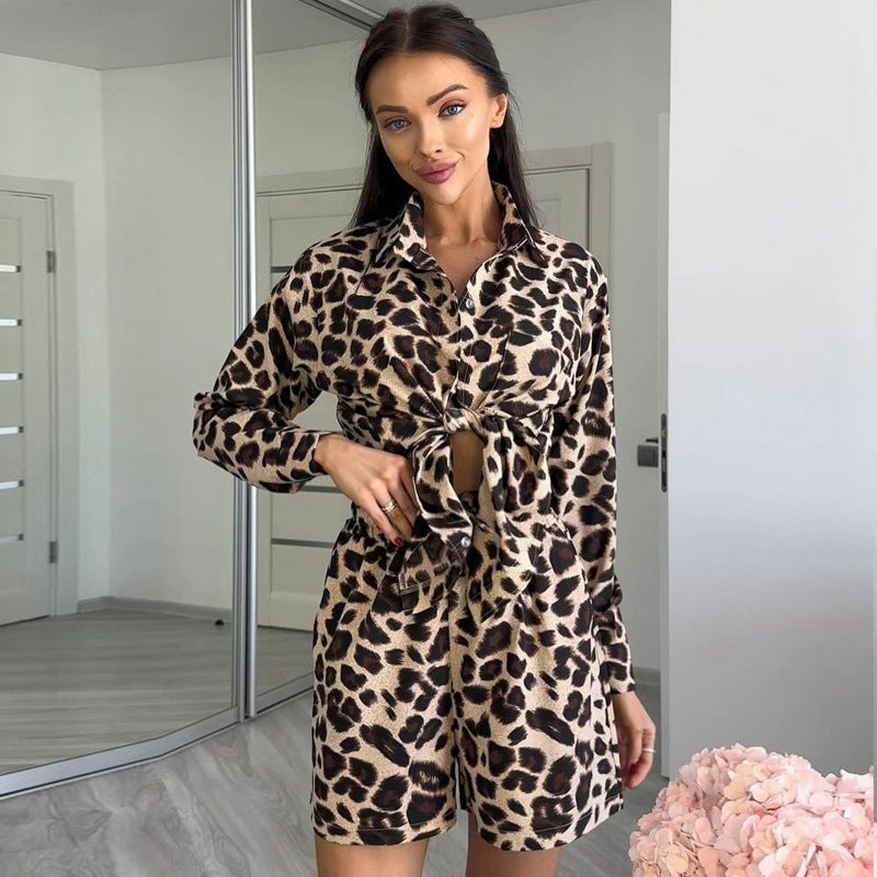 Summer Leopard Print Long Sleeve Shirt And Shorts Two-piece Set 4