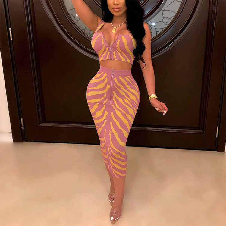Women Sexy Print Zippered Crop Top and Skirt Two-Piece Set