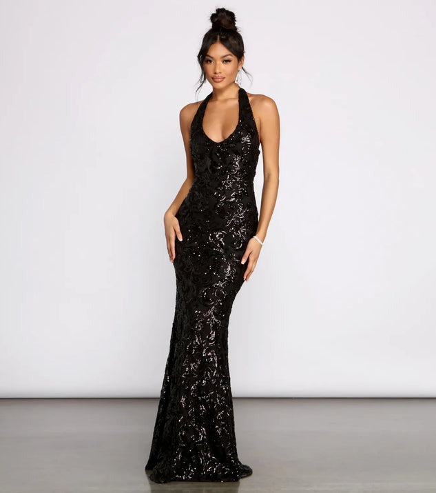 Women's Sexy Halter Neck Sequin Dress Fashion Long Gown 6
