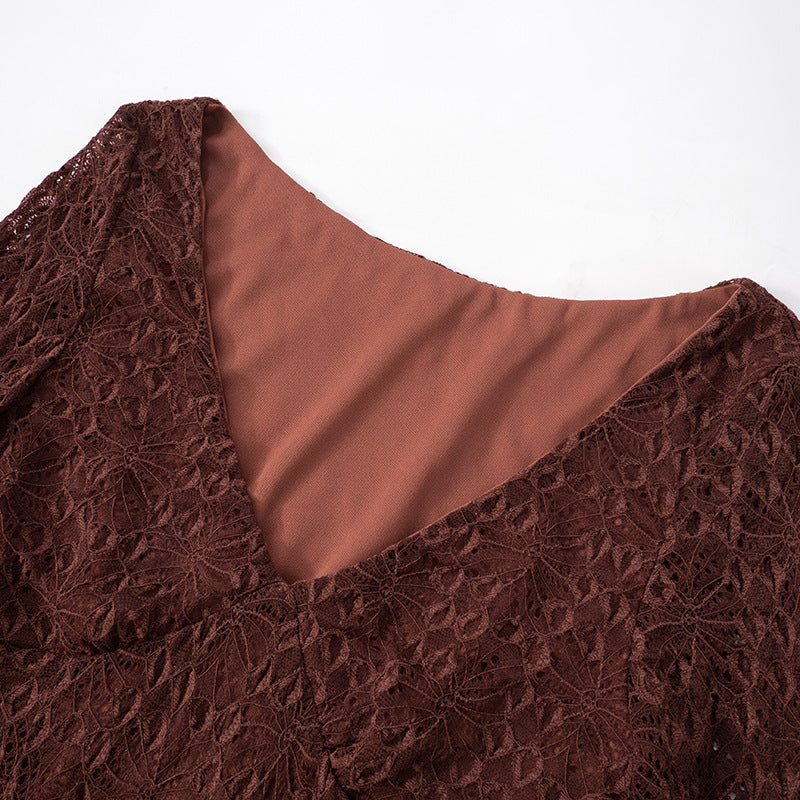 Women Spring Summer Sexy V-neck Lace Long Sleeve Dress 7