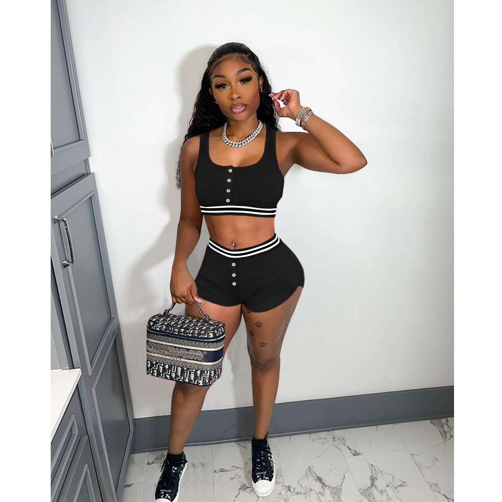 Ladies Solid Color Tank Top Shorts Sports Two Piece Set 3