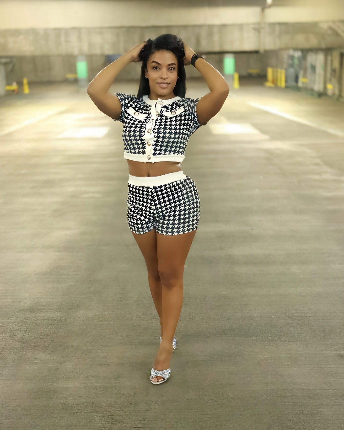 Women's fashion houndstooth short-sleeved tops Tight Fitting shorts set