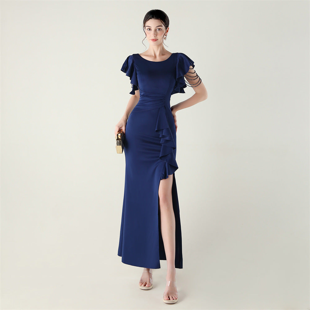 Women beaded tube V neck ruffle draped bead chain bead formal party evening dress 7