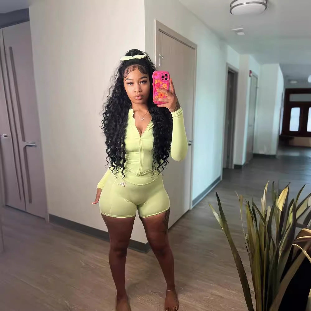 Women's Autumn Sports Casual Tight Fitting Slim Waist Solid Color Long-Sleeved Top Shorts Two-Piece Suit For Women 4